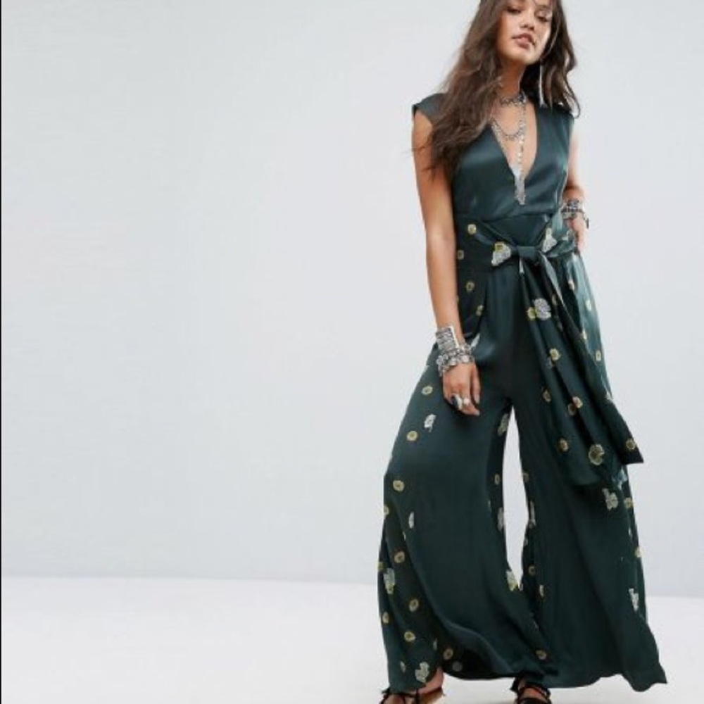 Free People Satin-like Green Floral Jumpsuit